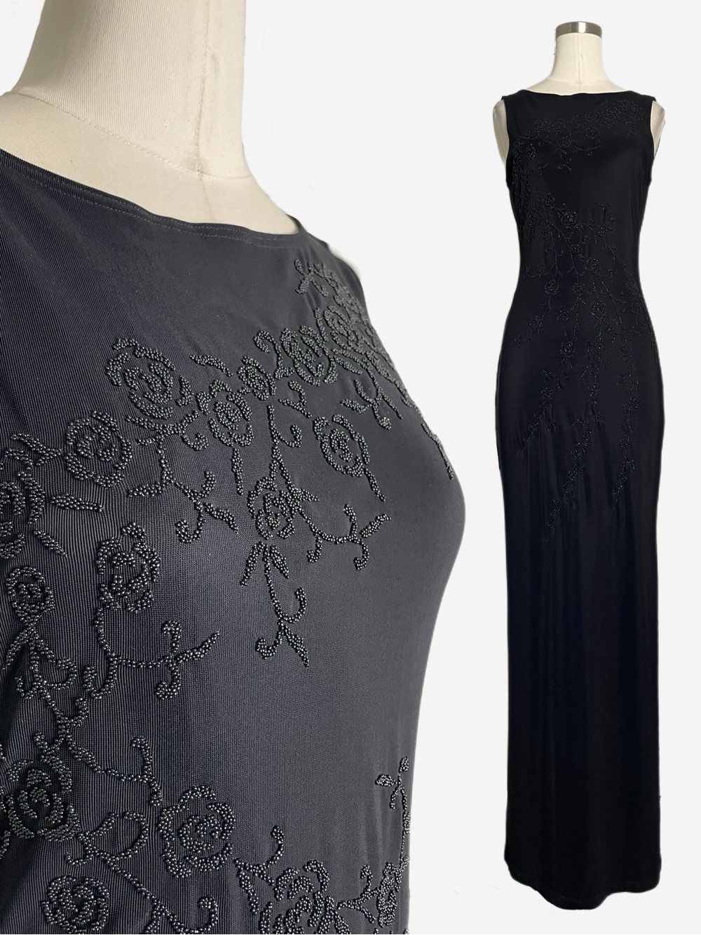 Vintage 90s Per Seption Black floral beaded maxi dress formal stretch XS/S
